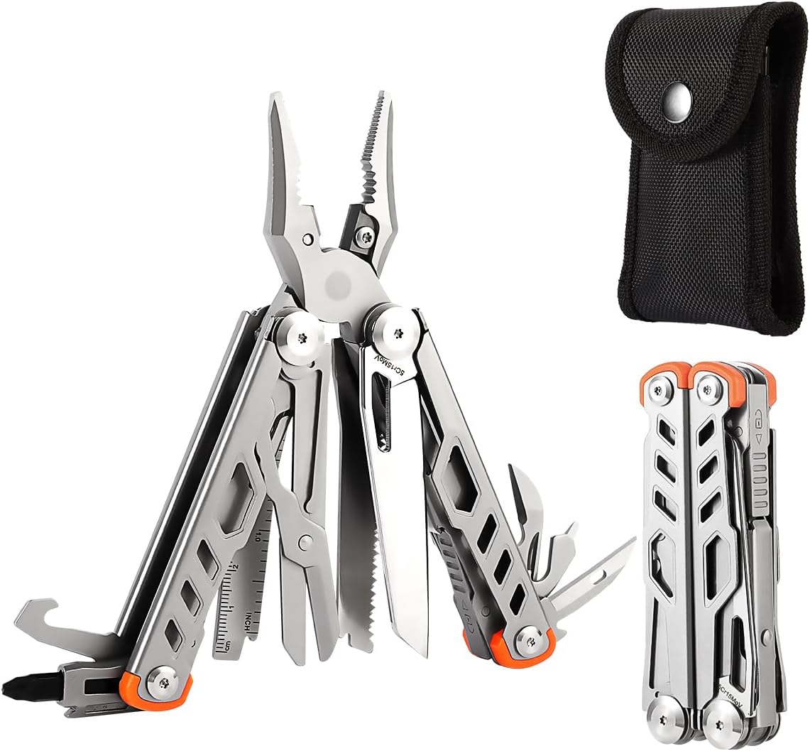 Strong 15-in-1 Multitool Pliers with Sheath, Stainless Steel, Grey | Folding Multi Tool, Needle Nose Pliers & Wire