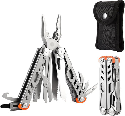 Strong 15-in-1 Multitool Pliers with Sheath, Stainless Steel, Grey | Folding Multi Tool, Needle Nose Pliers & Wire