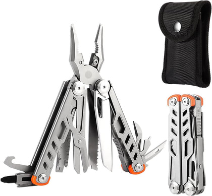 Strong 15-in-1 Multitool Pliers with Sheath, Stainless Steel, Grey | Folding Multi Tool, Needle Nose Pliers & Wire