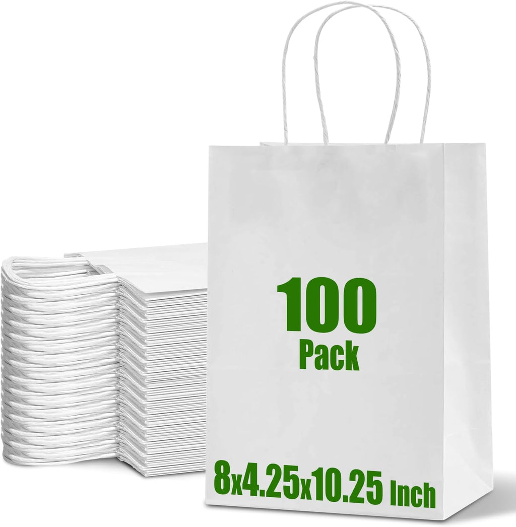 100 Pack White Gift Bags with Handles