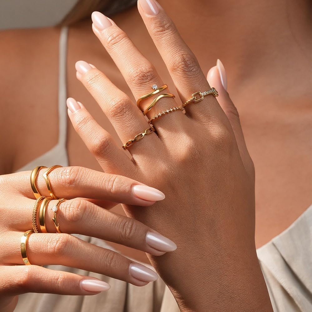 14K Gold Plated Stackable Rings for Women, Non Tarnish Cubic Zirconia Dainty Band Set, Wedding Engagement & Promise