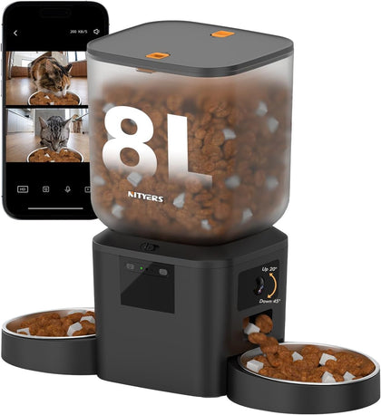 Automatic Cat Feeder for 2 Cats with 2K Cameras - 8L/ 34 Cups Dual Dog Food Dispenser for 2-18mm Dry Food, 2.4G&5G