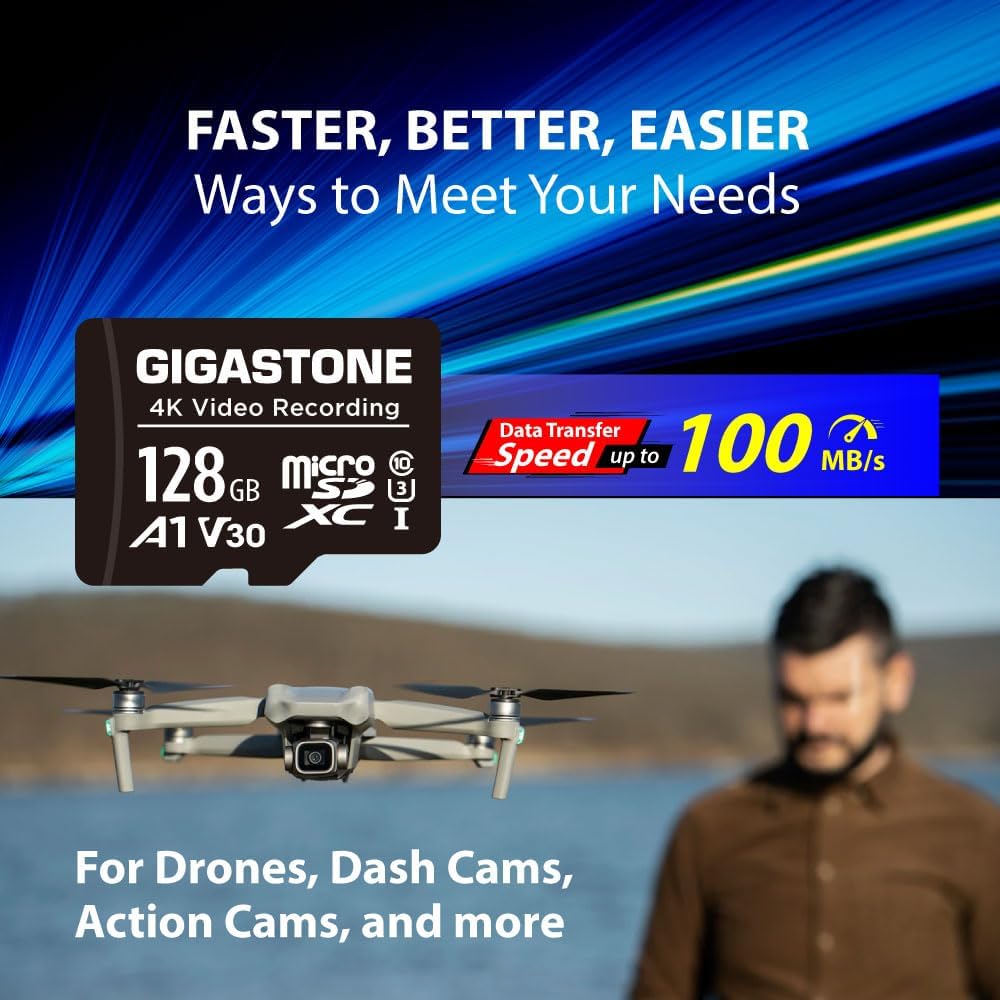 128GB Micro SD Card A1 V30 1-Pack, 4K Video Pro, Security Camera, Dash Cam, Drone, 100MB/s MicroSDXC Memory Card