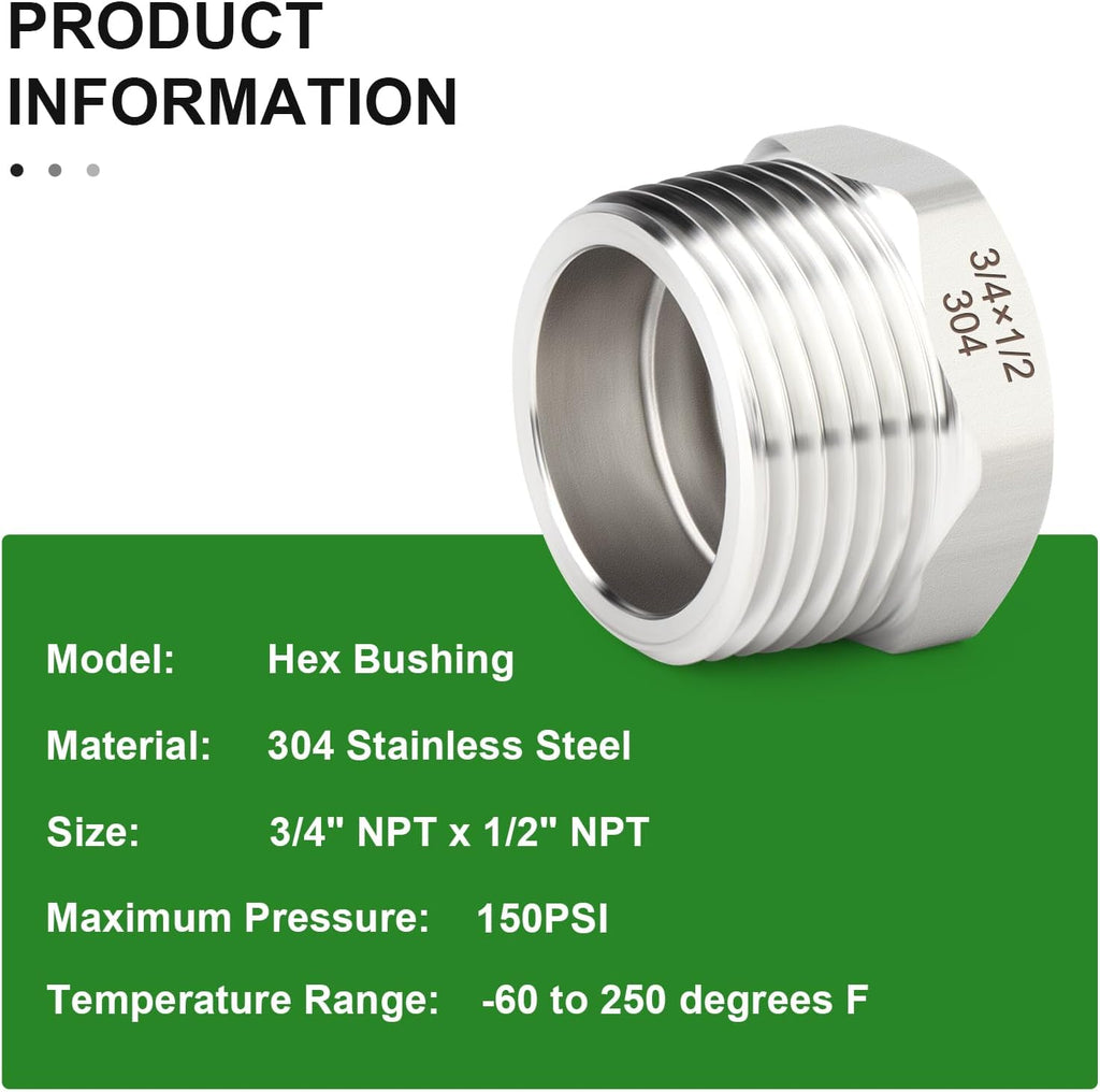 TAISHER 5PCS 304 Stainless Steel New Reducer Hex Bushing, 3/4" NPT Male x 1/2" NPT Female, Reducing Pipe Adapter Fitting