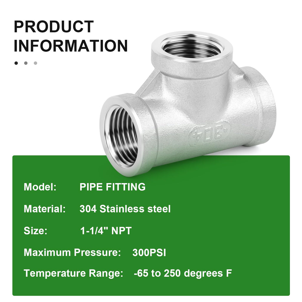 TAISHER 5pcs 304 SS Tee Pipe Fitting, 1-1/4" NPT Female 3 Way Connectors