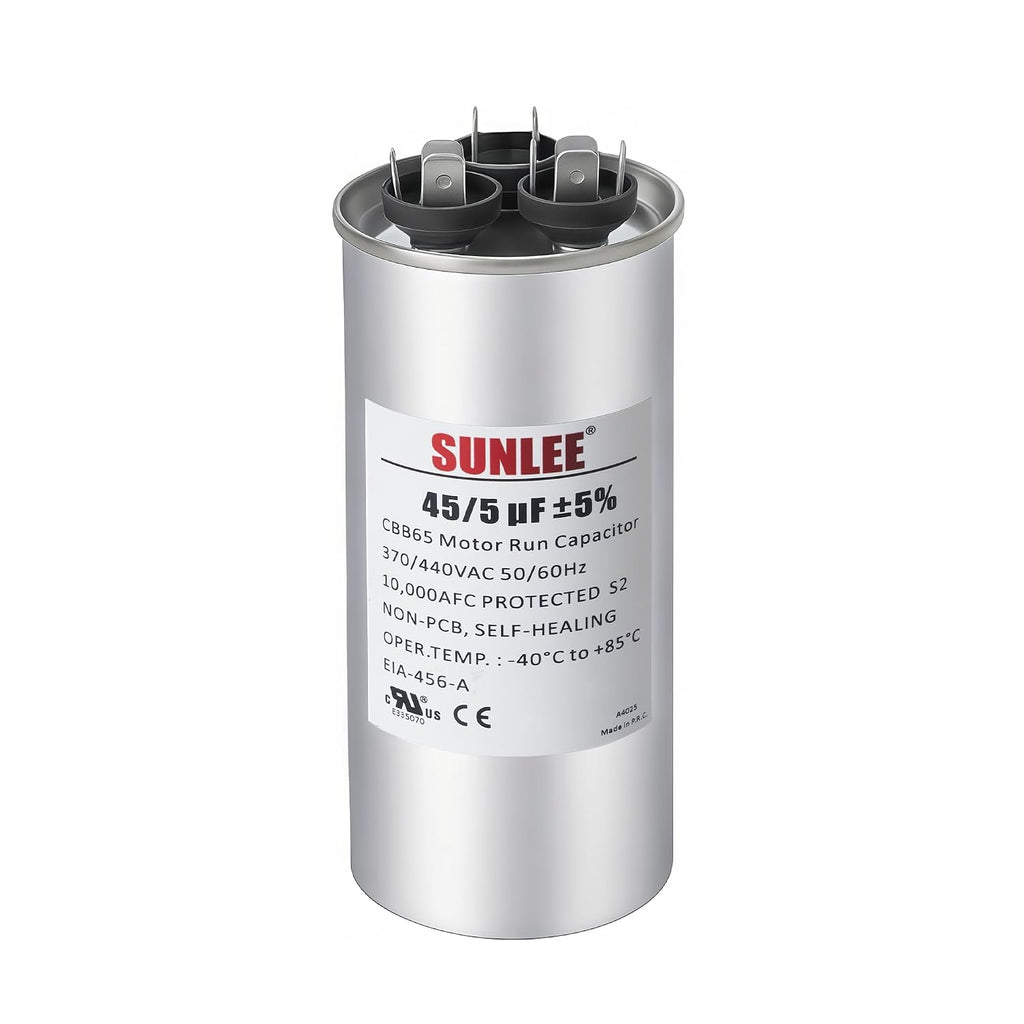SUNLEE AC Capacitor 45/5 uF 370V / 440V CBB65 Dual Run Round - 45/5 MFD Run Capacitor for HVAC, Air Conditioner Condenser - UL Recognized & 5 Year Warranty