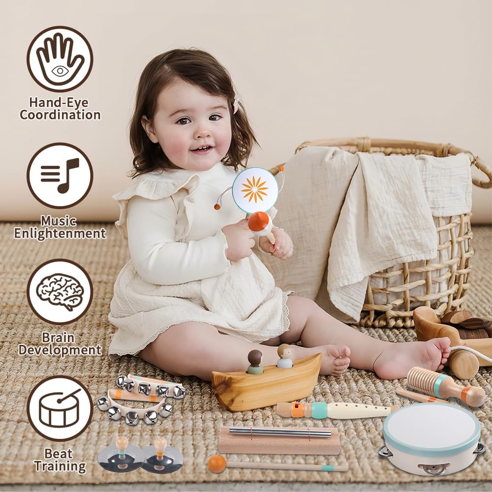 Toddlers Musical Instruments-Baby Montessori Wooden Toys for 18 Month+ | Kids Percussion Instruments Musical Toy for