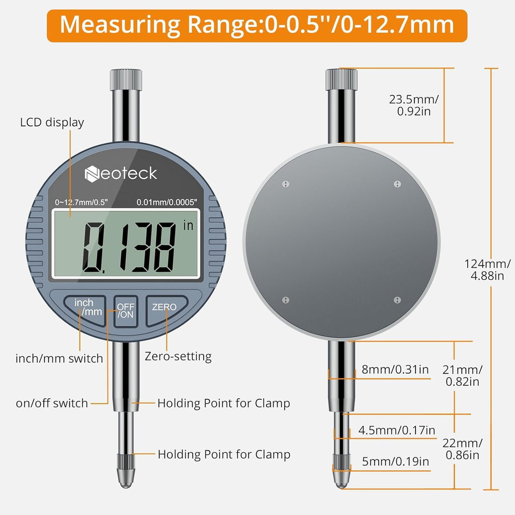Neoteck Digital Dial Indicator Bore Gauge, 0.7"-6"/0.0005" Measuring Range
