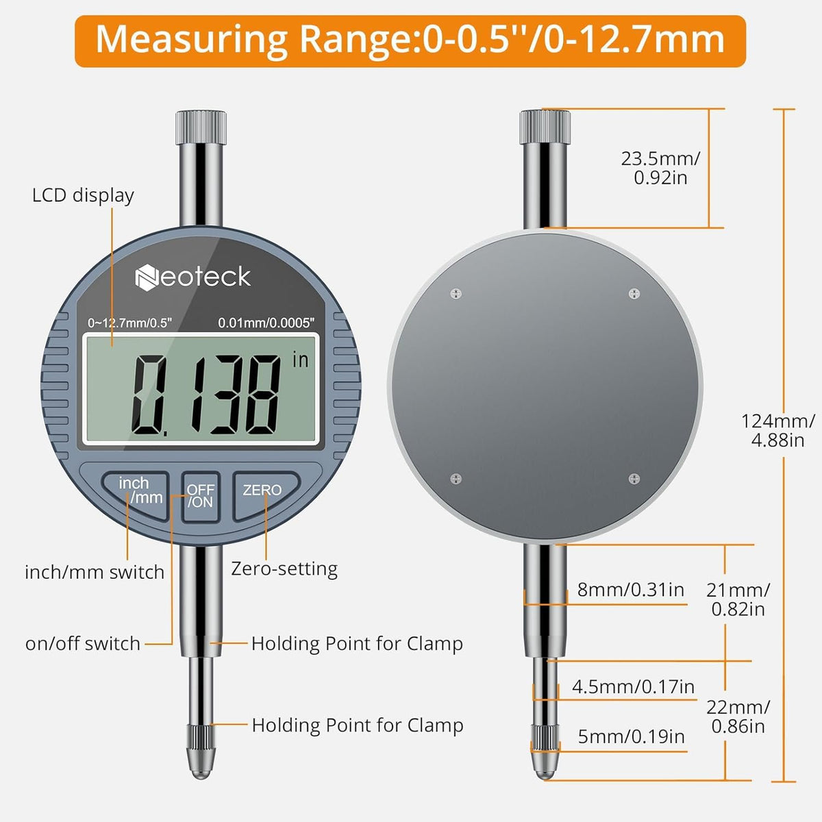Neoteck Digital Dial Indicator Bore Gauge, 0.7"-6"/0.0005" Measuring Range