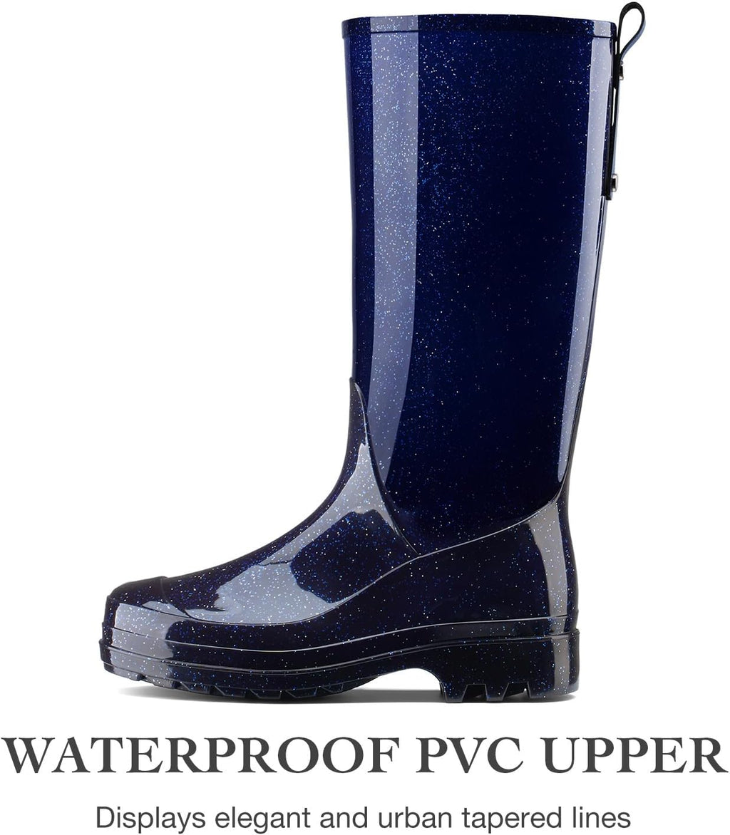 Women's Tall Rain Boots Waterproof Knee-High Booties | Non-Slip Lug Sole & Pull Tab for Gardening, Farming, Rainy
