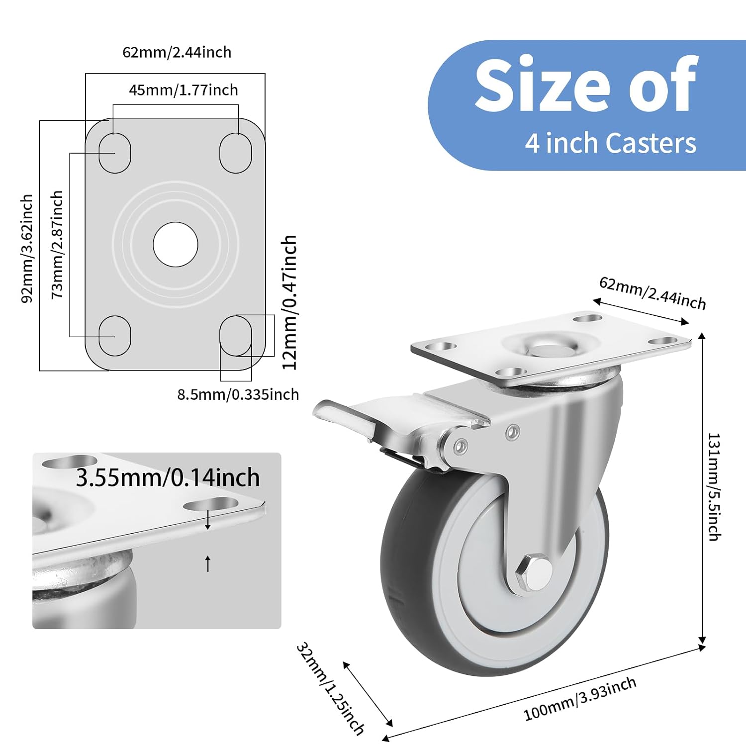 4 Inch Caster Wheels Set of 4 Heavy Duty Swivel Casters Includes Mounting Hardware 1320 Lbs Load Capacity Quiet TPE