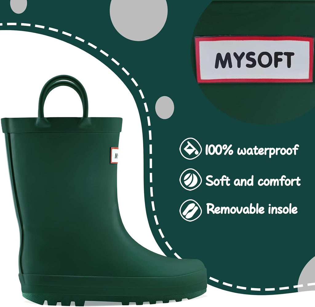 Kid Rain Boots Toddler Rubber Waterproof Boot Boy Girl with Handle | Pull on, Slip Resistant