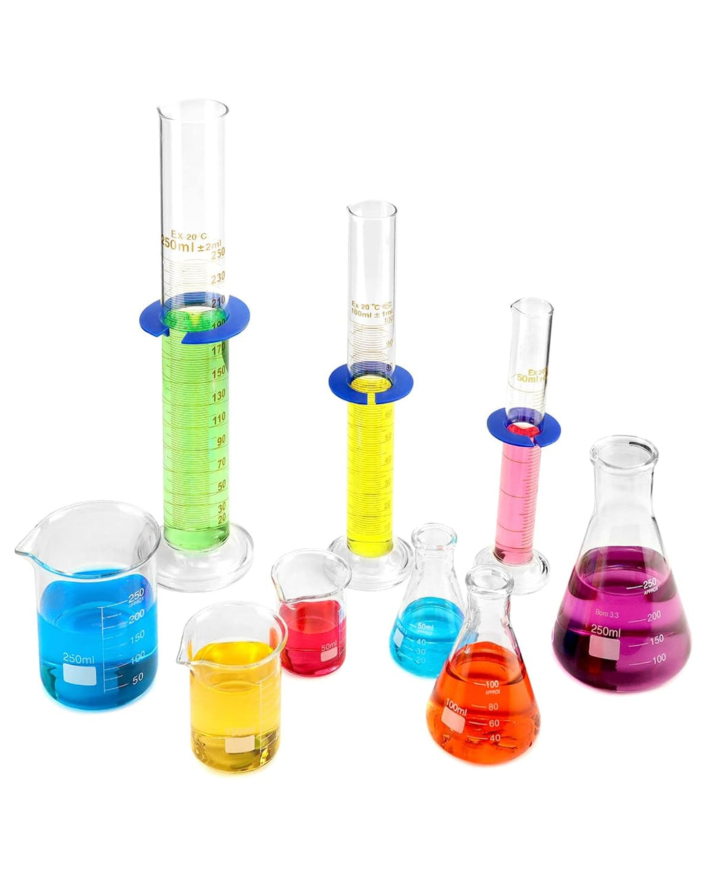 Lab Glassware Set, Beaker Flask Cylinder Set, 9 Pieces - Includes 3 Erlenmeyer Flasks, 3 Beakers, & 3 Grade A
