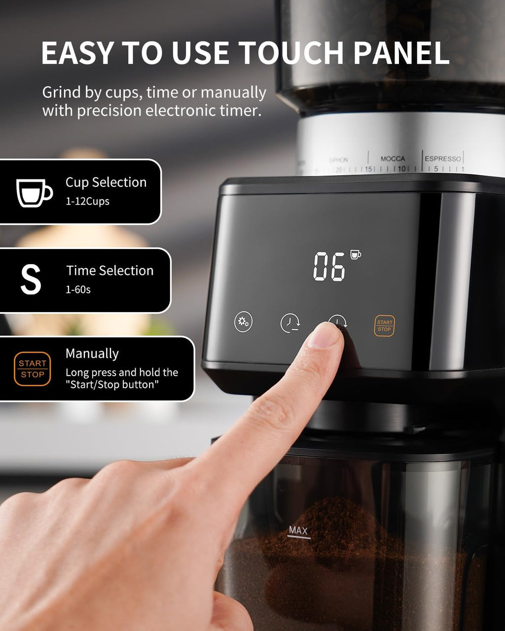 Conical Burr Espresso Coffee Grinder Electric with Precision Timer 2.0, Touchscreen Adjustable Burr Mill with 51