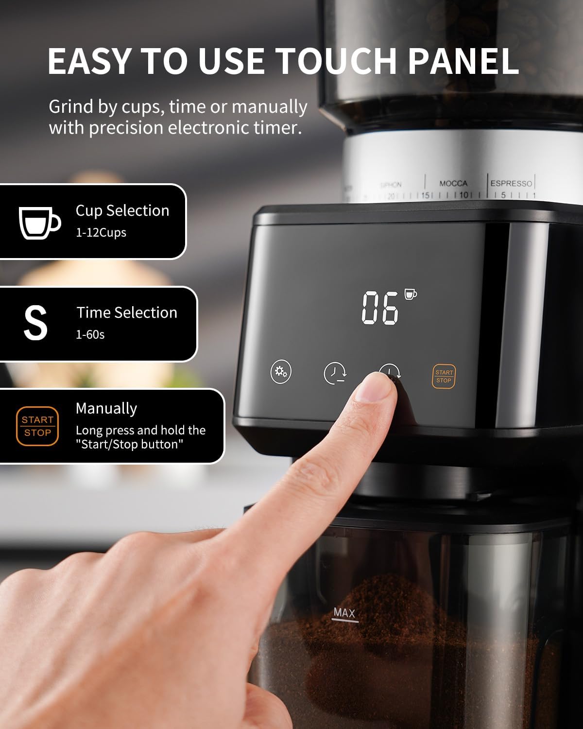 Conical Burr Espresso Coffee Grinder Electric with Precision Timer 2.0, Touchscreen Adjustable Burr Mill with 51