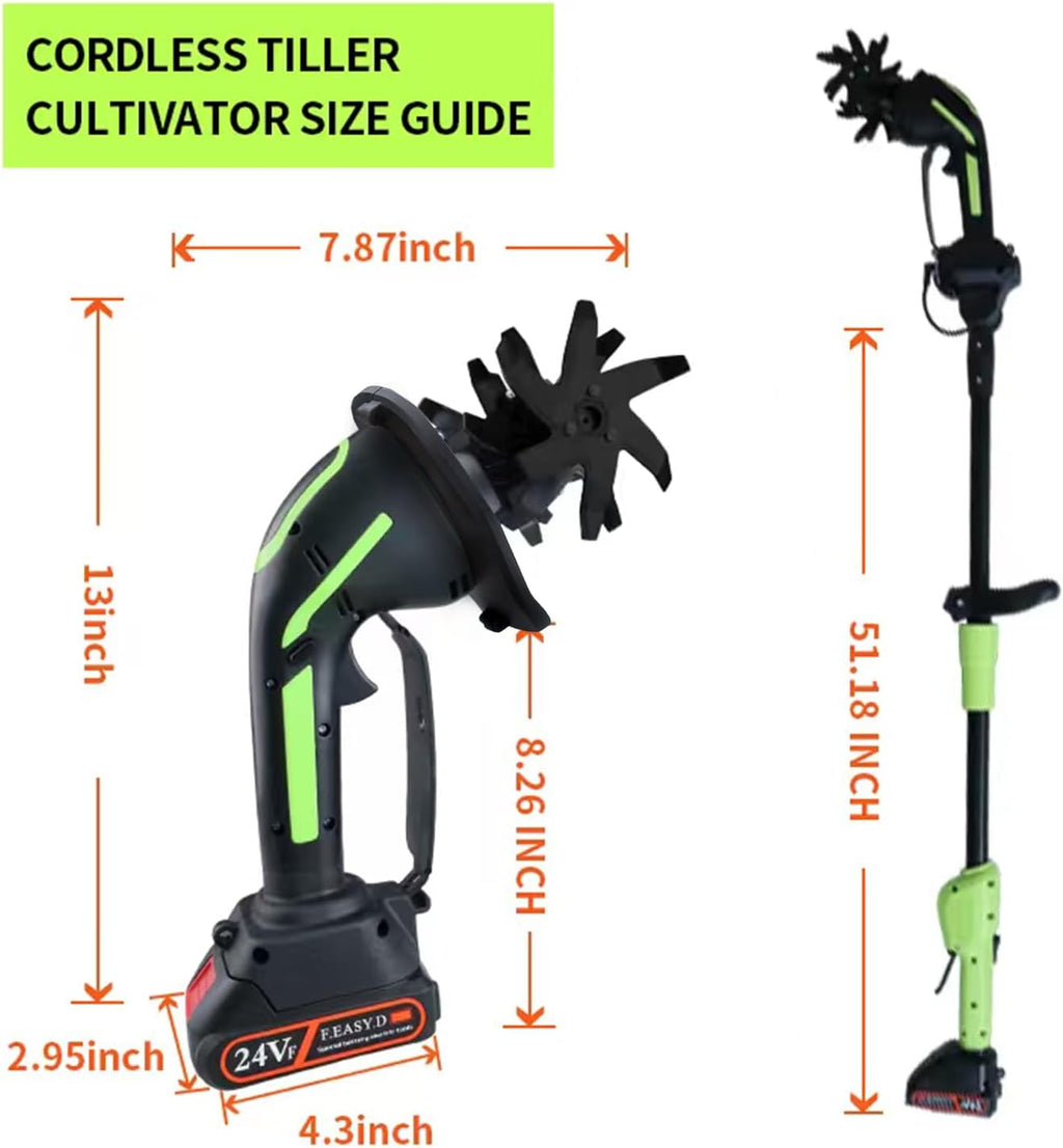 24V 2-in-1 Cordless Tiller Cultivator, 4-Inch Tilling Width and Depth, Handheld with Extension Rod, 235 RPM Electric