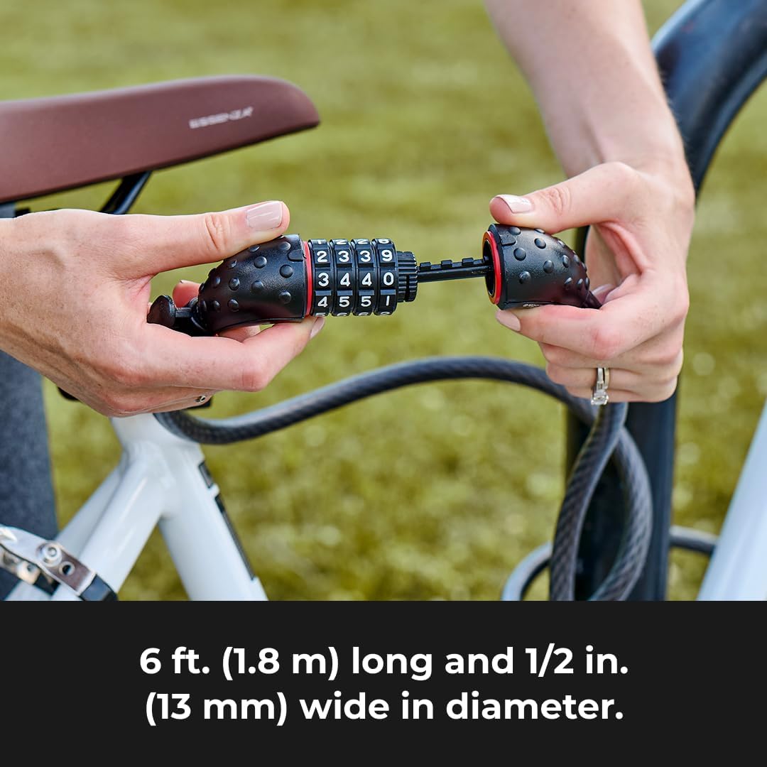 Bike Cable Lock 6 ' x 1/2" Long Length, Resettable Combination Lock with Black Vinyl Coating, 8122D