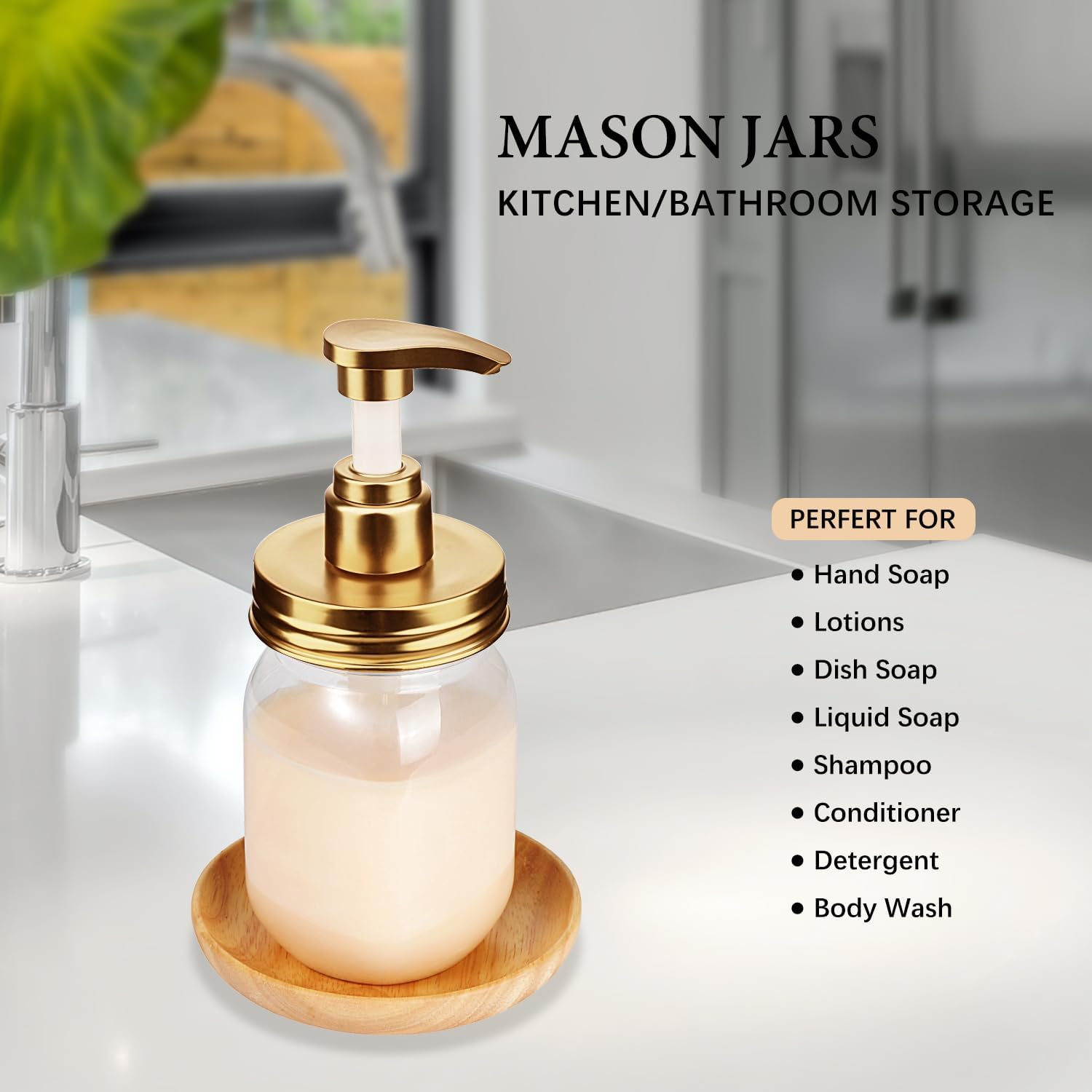 Plastic Mason Jar Soap Dispenser with Pump Lid 16OZ -2 Pack Gold | Refillable BPA-Free Hand Soap Dispenser Set with