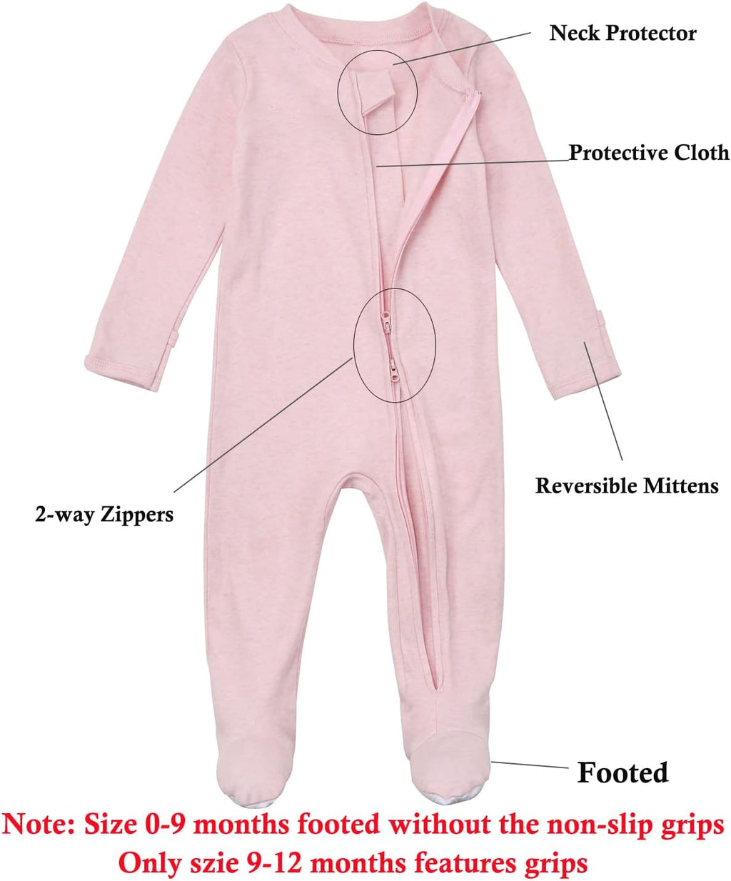 Baby Footie Pajamas Cotton with Mitten Cuffs, Double Zipper