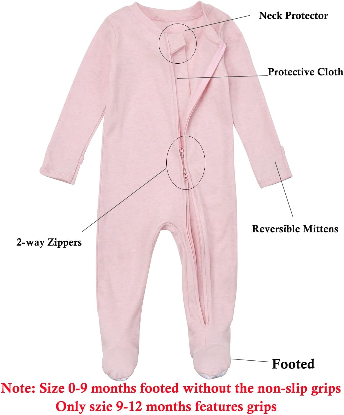 Baby Footie Pajamas Cotton with Mitten Cuffs, Double Zipper