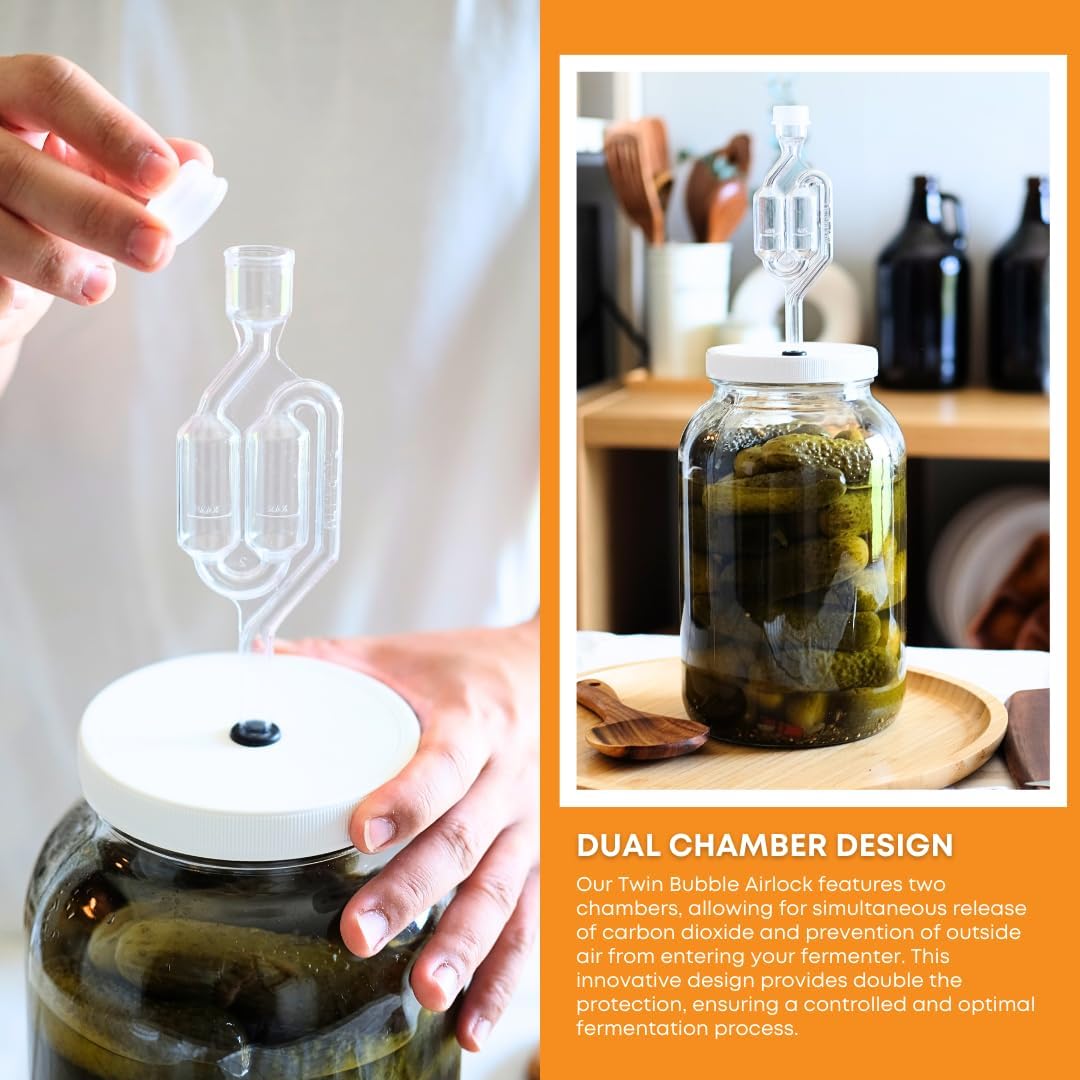 2-Pack 1 Gallon Glass Jar with Lid | Wide Mouth Twin Bubble Airlock Set | Heavy-duty Glass Jars with Airtight Lid for