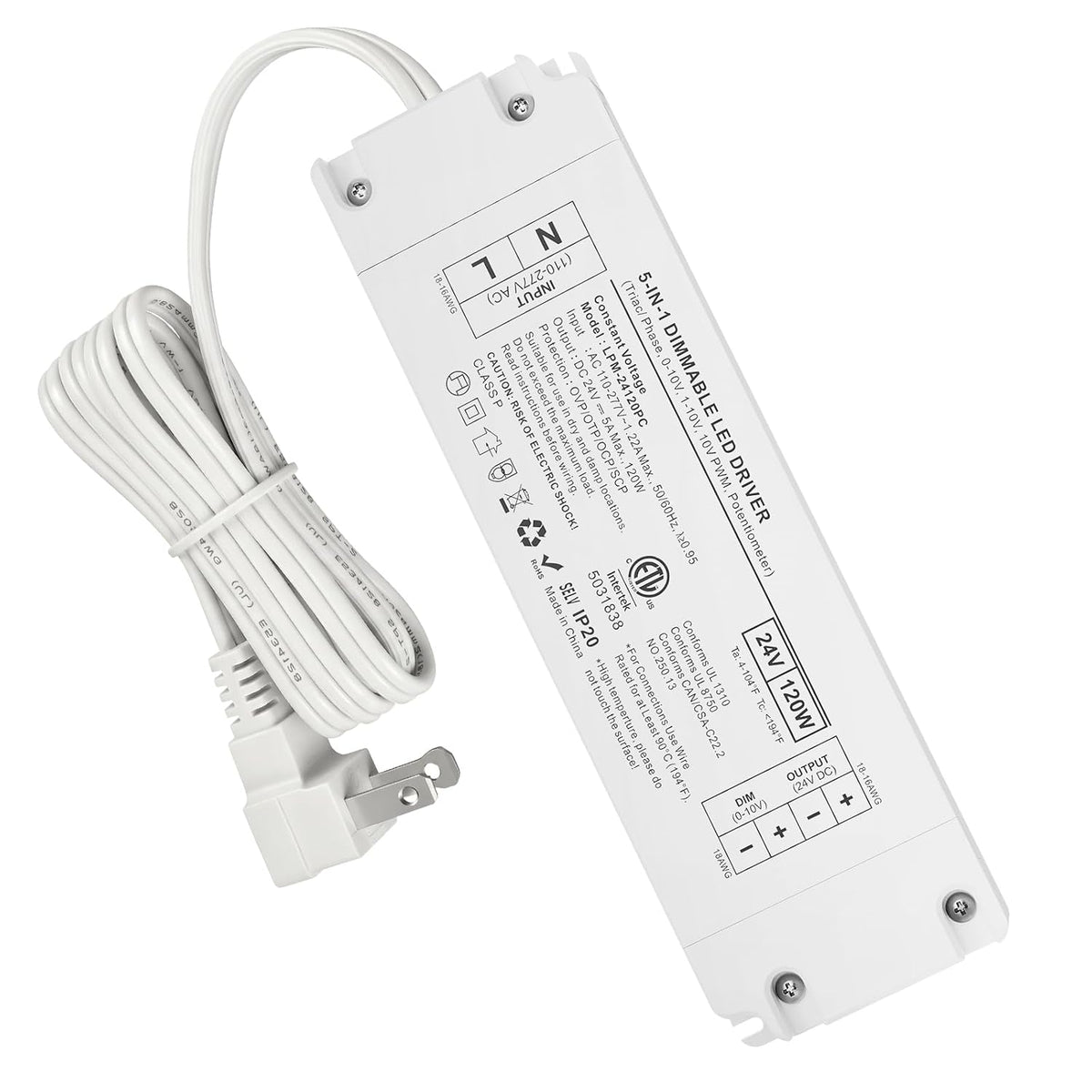 24V 120W 5-in-1 Dimmable LED Driver, 24V Dimmable Transformer ETL Certified