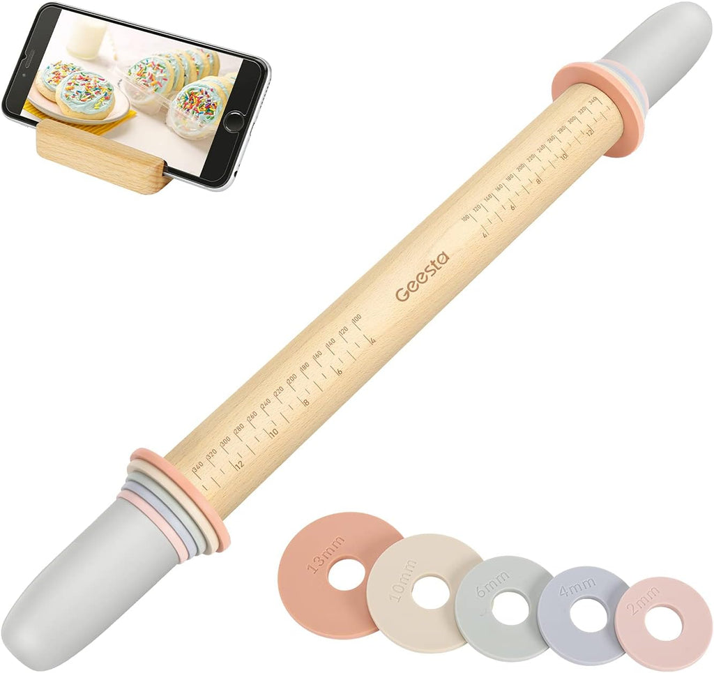 Adjustable Wood Rolling Pin with 5 Thickness Rings, Precise Dough Roller Handle Press Design with Measurement Guide