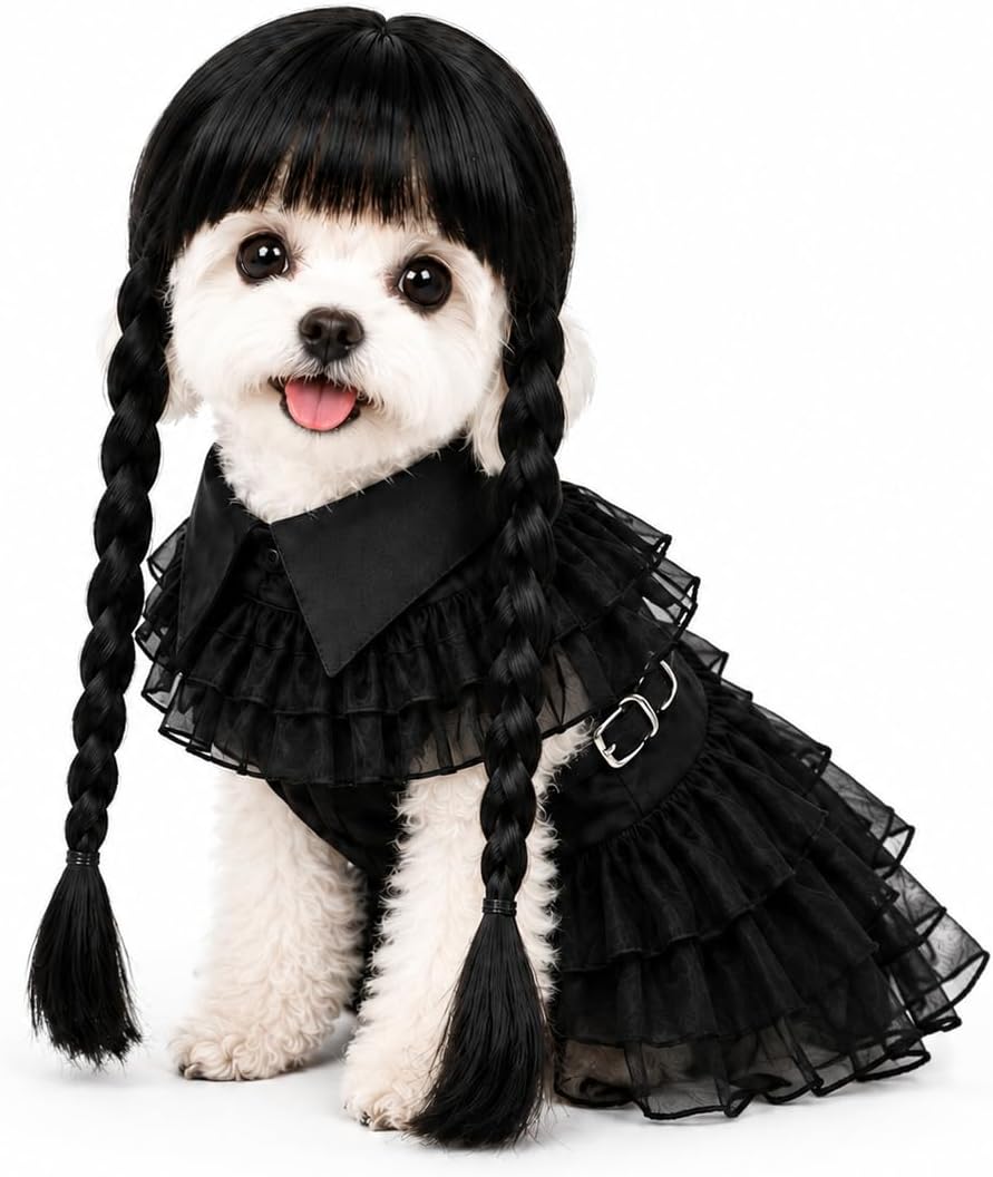 Halloween Dog Costumes - 3 Pcs Puppy Cute Pet Black Dress & Wig, Small
