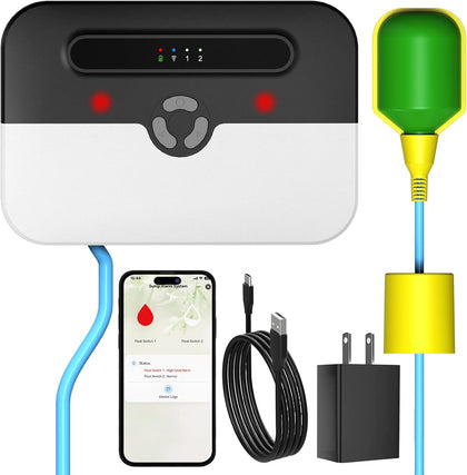 WiFi Sump Pump Alarm, High/Low Water Level Alarm, Strobe Light | Free App Alerts, Built-in Backup Battery, IP65