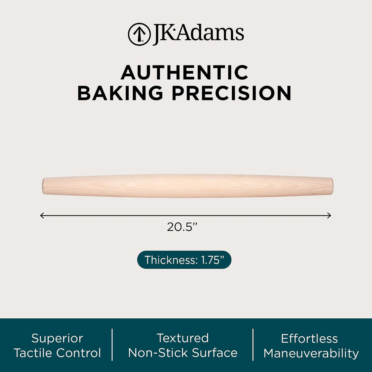 French Tapered Rolling Pin, Wooden Baking Dowel, 20.5" x 1.75"