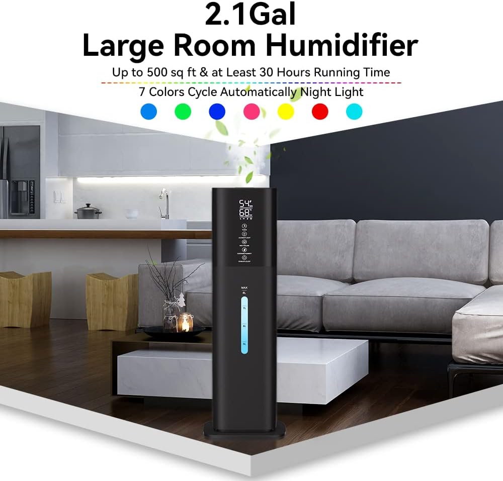 Humidifiers Large Room Bedroom with 7 Colors Light, 2.1Gal(8L) 3 Speed Quiet Ultrasonic Cool Mist Humidifier with