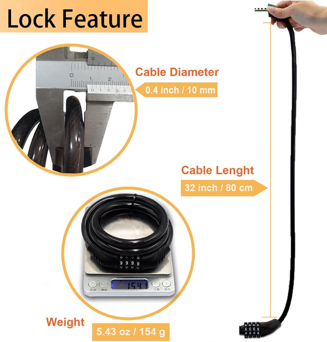 Long Coiled Security Resettable Combination Bike Cable 4 Digit Lock, Anti-Theft Accessories for Mountain and Road