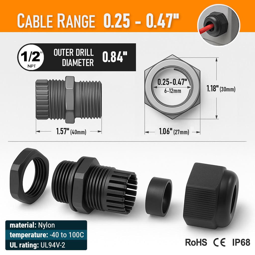 MGI SpeedWare 1/2" NPT Strain Relief Nylon Cord Grip Cable Glands, Black Plastic Grommet 100-Pack