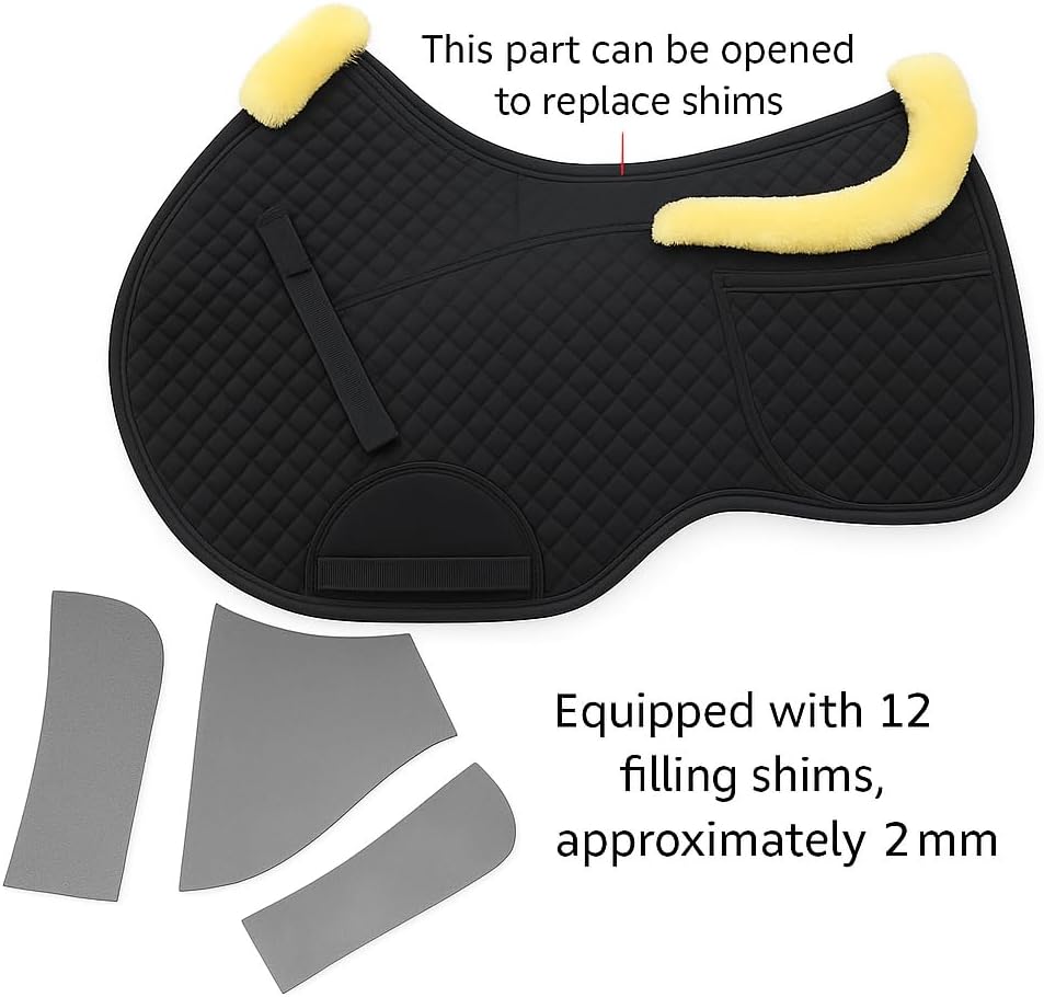 Universal English Saddle Pad with Adjustable Shims, Faux Shearling Trim, Plush Faux Wool, 3D Cooling & Non-Slip Tech.