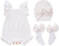 Baby Girl Ruffle Knit Romper Outfit Set, Sleeveless Knitted Bodysuit with EyeletBow Turban Headband and Bow Socks