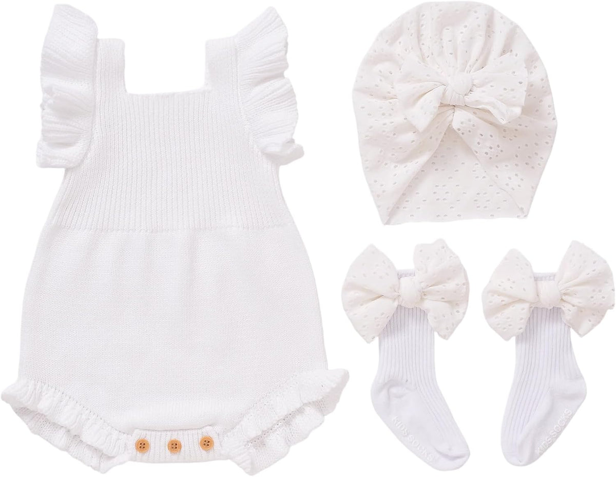 Baby Girl Ruffle Knit Romper Outfit Set, Sleeveless Knitted Bodysuit with EyeletBow Turban Headband and Bow Socks