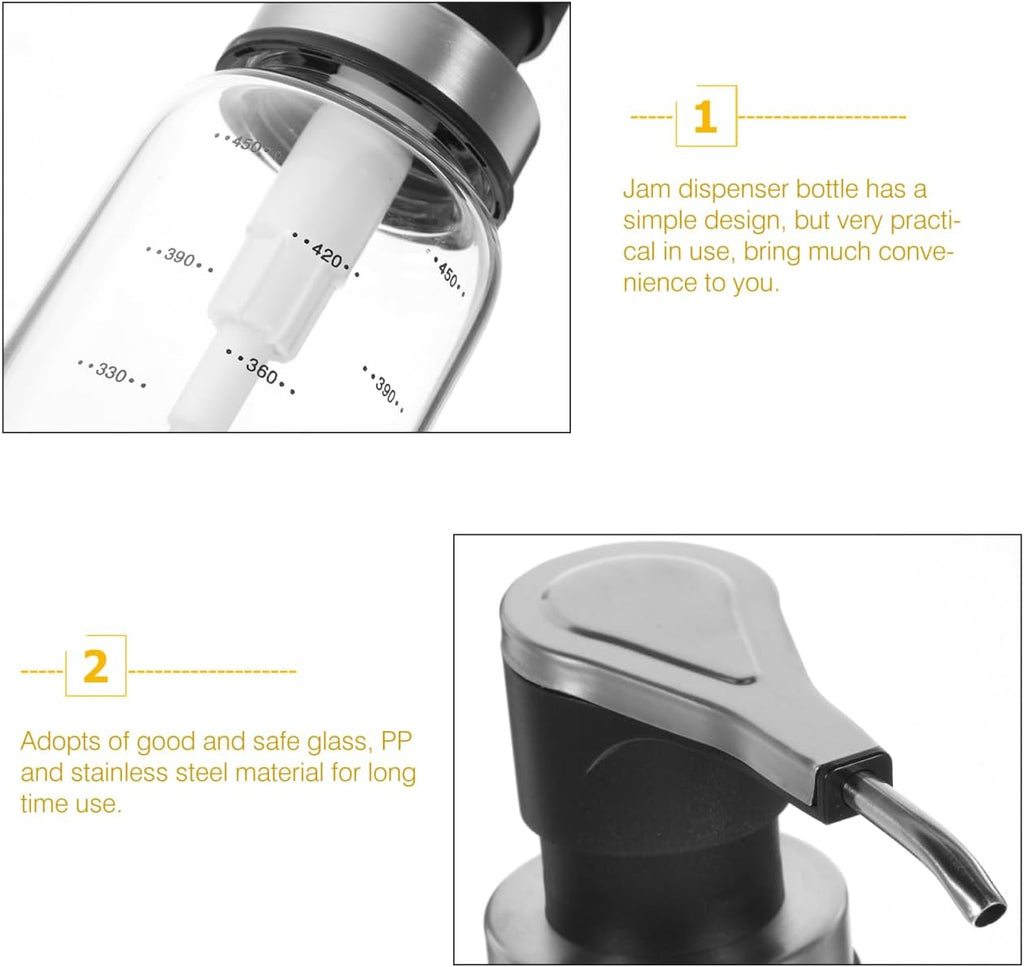 Glass Syrup Pump Bottle Refillable Honey Pump Dispenser for Syrup Ketchup Jam Empty Condiment Jar for Kitchen Storage
