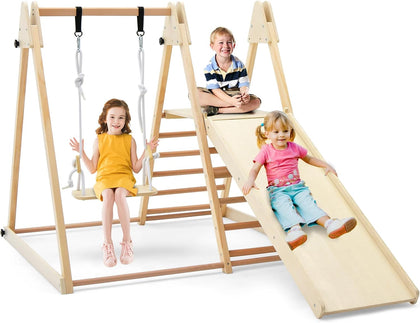 Kids Indoor Jungle Gym, Large 5-in-1 Playground Climber Playset with Baby Swing, Slide Ramp, Ladder & Climbing Wall