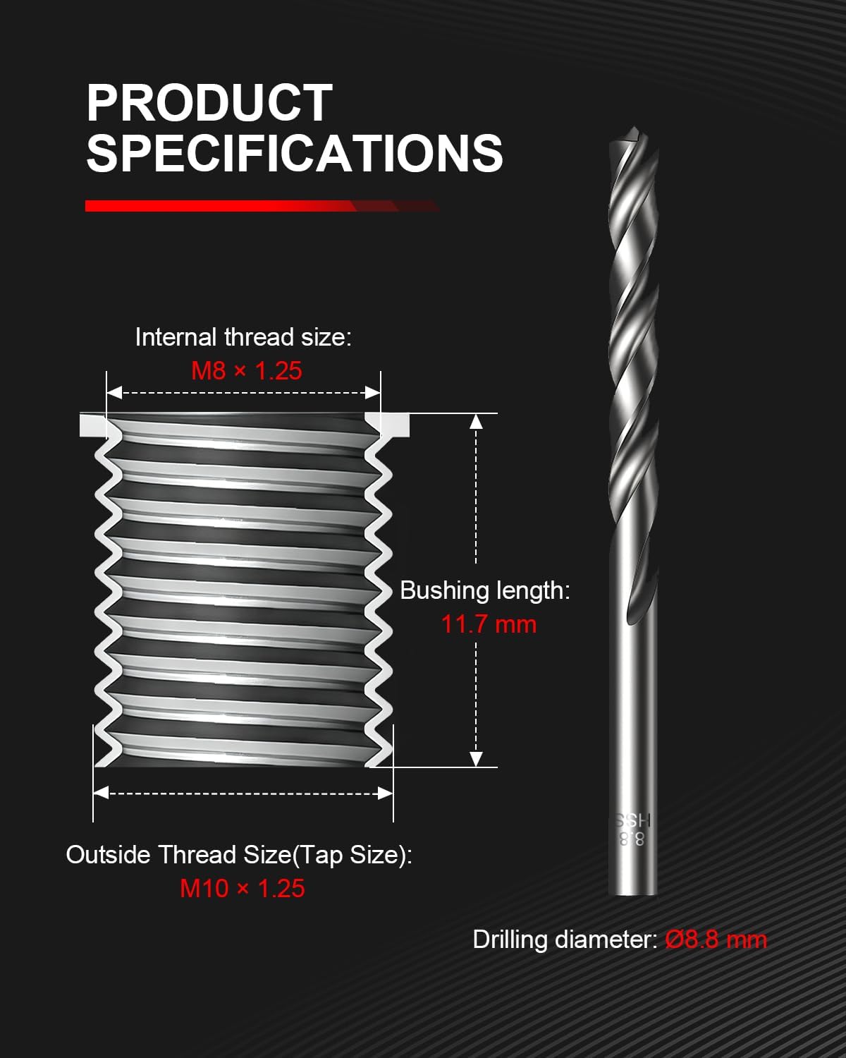 Kolvoii M8x1.25 Thread Repair Kit, 10 Solid 304 Stainless Steel Inserts