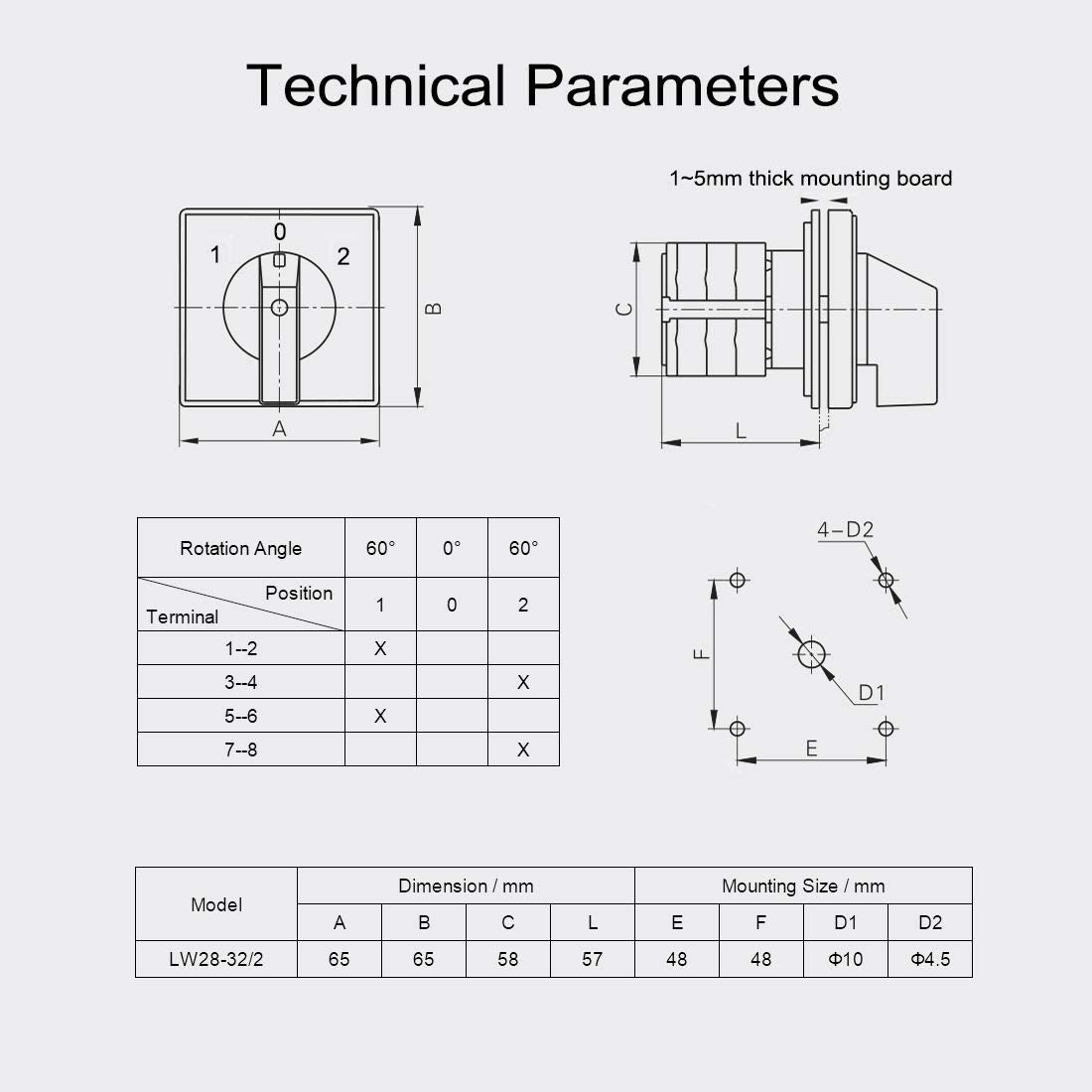 Changeover Switch LW28-32 3 Positions 8 Terminals Universal Rotary Cam Selector Latching Switches 690V 32A