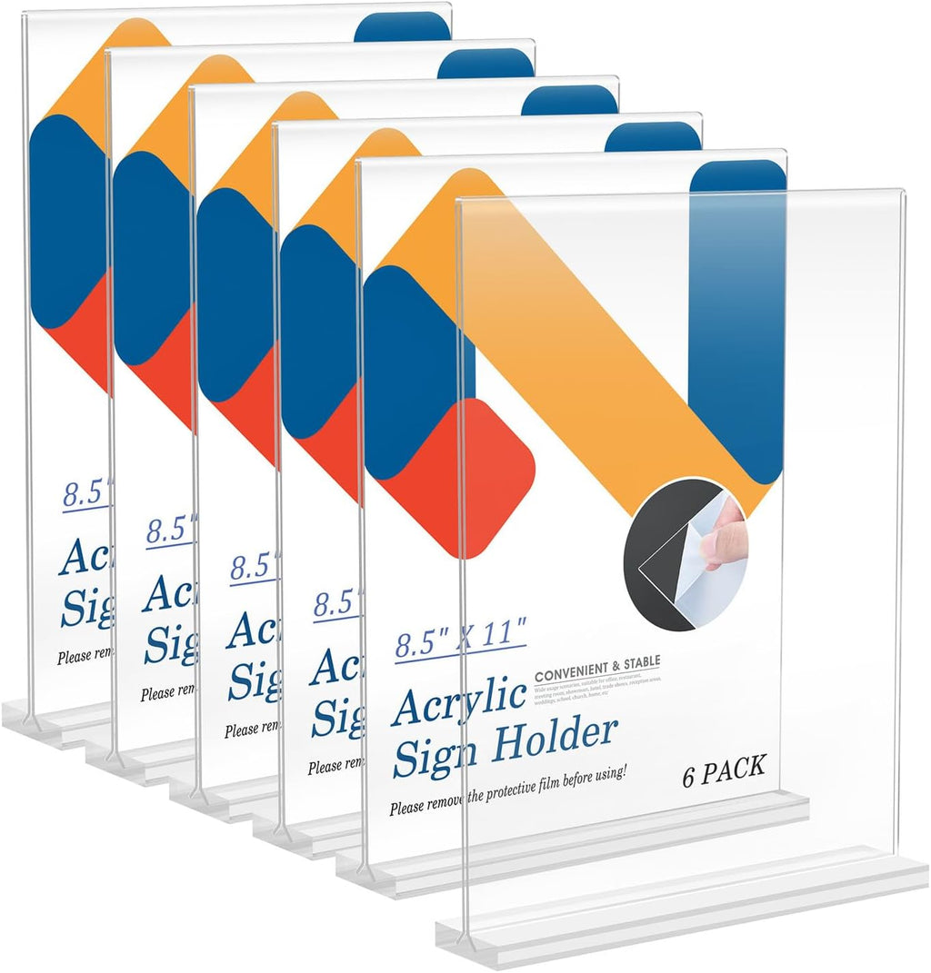 6 Pack Acrylic Sign Holder 8.5 x 11, Vertical T Shape Plastic Sign Holder with Base, Double-Sided Clear Tabletop
