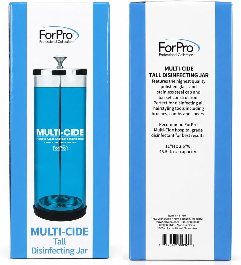 ForPro Multi-Cide Tall Glass Disinfectant Jar, Holds Brushes, Combs, Shears & Salon Tools, Clear Sanitizing Jar for
