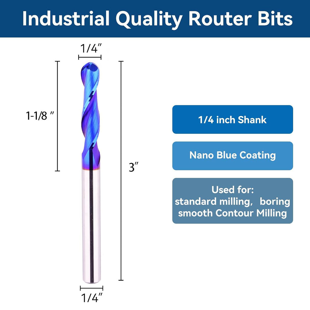 CNC Router bit 1/4" Shank Extra Long 3" Length Carbide Ball Nose End Mill