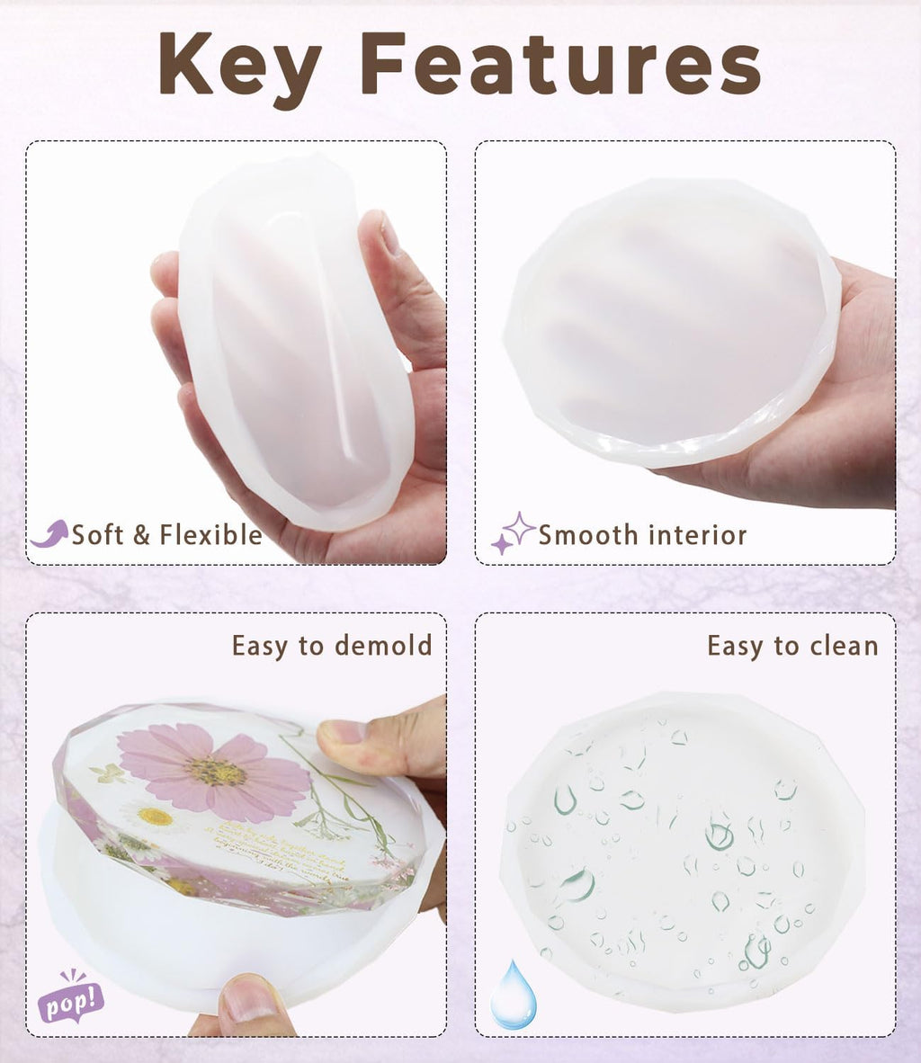 Resin Coaster Molds, 4 Pack Diamond Edge Round Molds for Resin Casting, Silicone Coaster Molds for Epoxy Resin