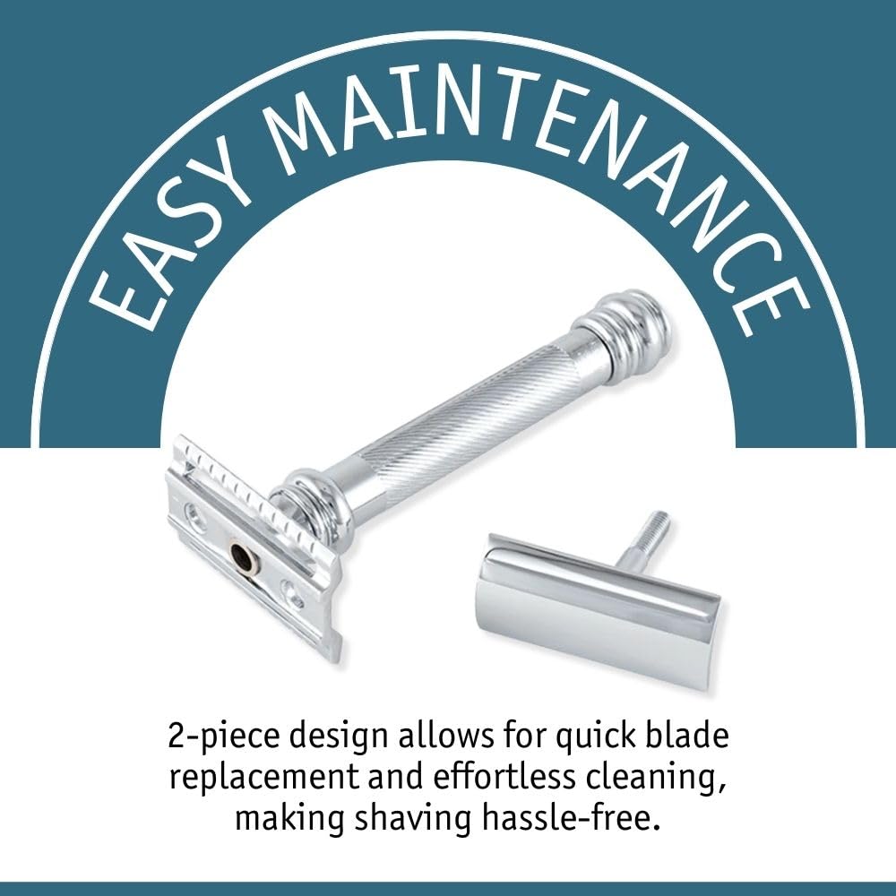 38C Double Edge Safety Razor - Bright Chrome, Extra Large Barber Pole Grip Brass Handle, Made in Germany