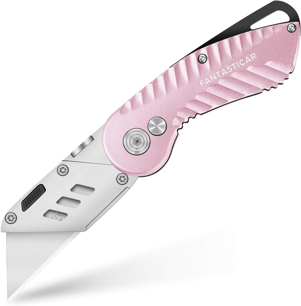 Folding Box Cutter, Utility Knife with Extra 5 Blades (Pink)