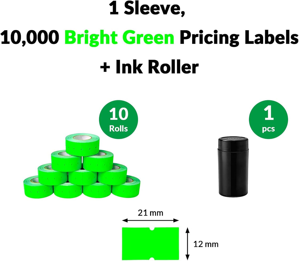 10,000 Bright Green Price Gun Labels (Blank) | Compatible with MX-5500 & NT5500, bright color, 10 rolls 1,000 labels