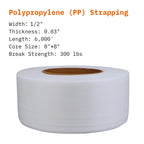 Polypropylene(PP) Strapping Roll 6,000' Length x 1/2" Width x 0.03" Thickness, 300 lbs Break Strength 8″ Coil Core