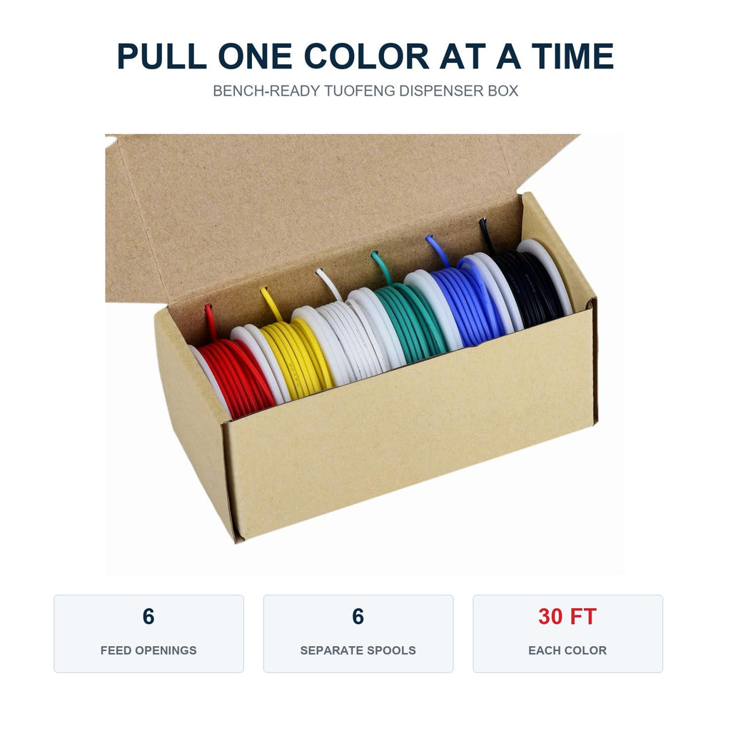 TUOFENG 22 AWG Stranded Wire Kit, 6 Colors, 30 ft Each, PVC Hookup Wire