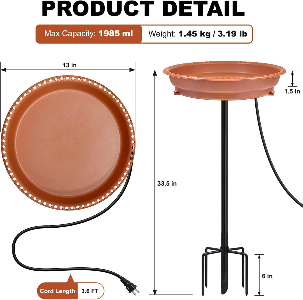 Heated Bird Bath, Stable 5-Prong Metal Base Thermostat Control Weather Resistance All Seasons Available 75W Heated